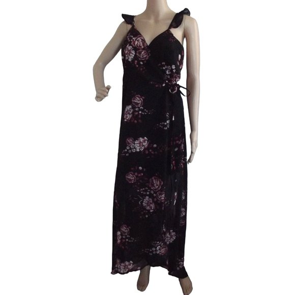 Marisol Maxi Dress Large Black Coral Red Floral Chiffon Wrap spaghetti straps NE - Picture 2 of 7